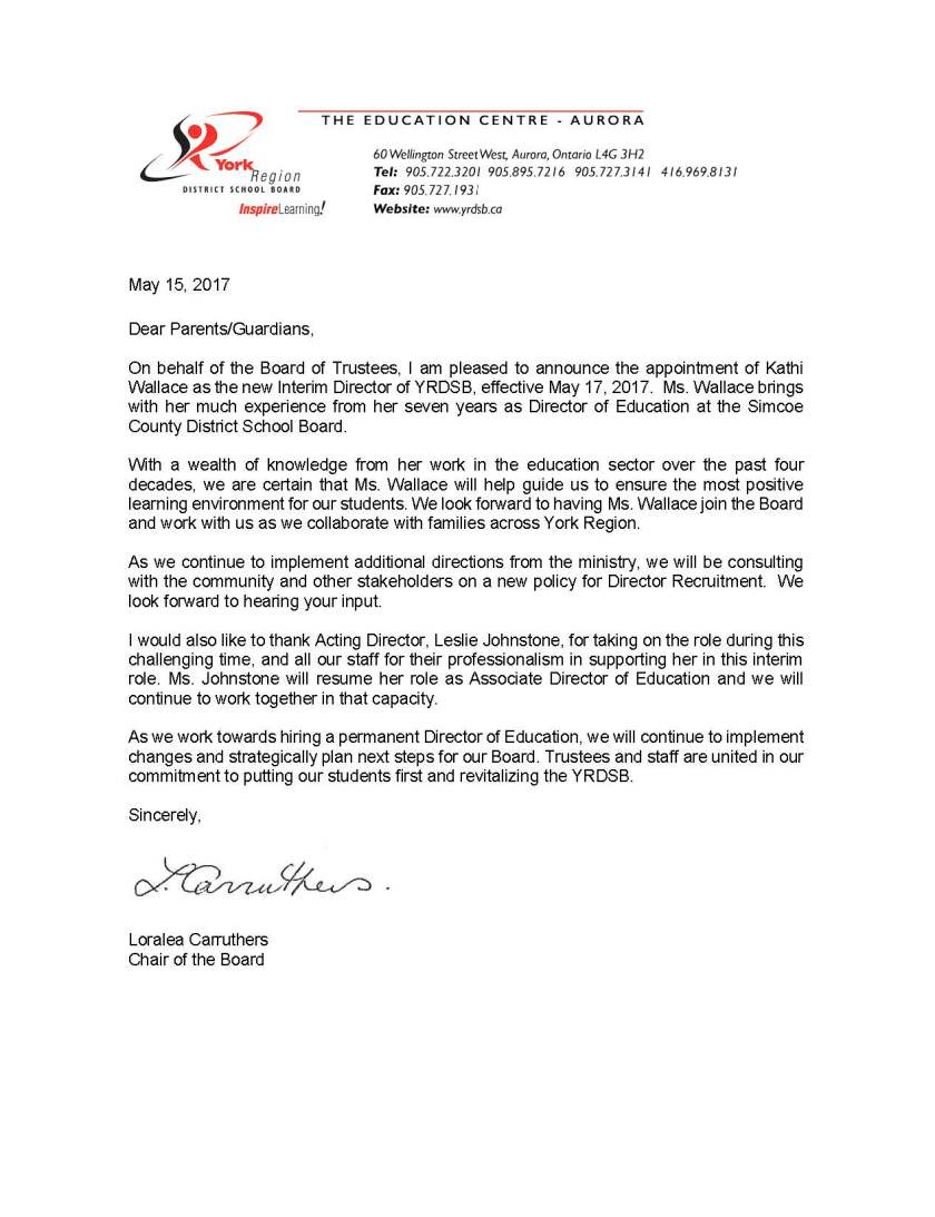 Letter to Parents - L Carruthers - May 12 2017