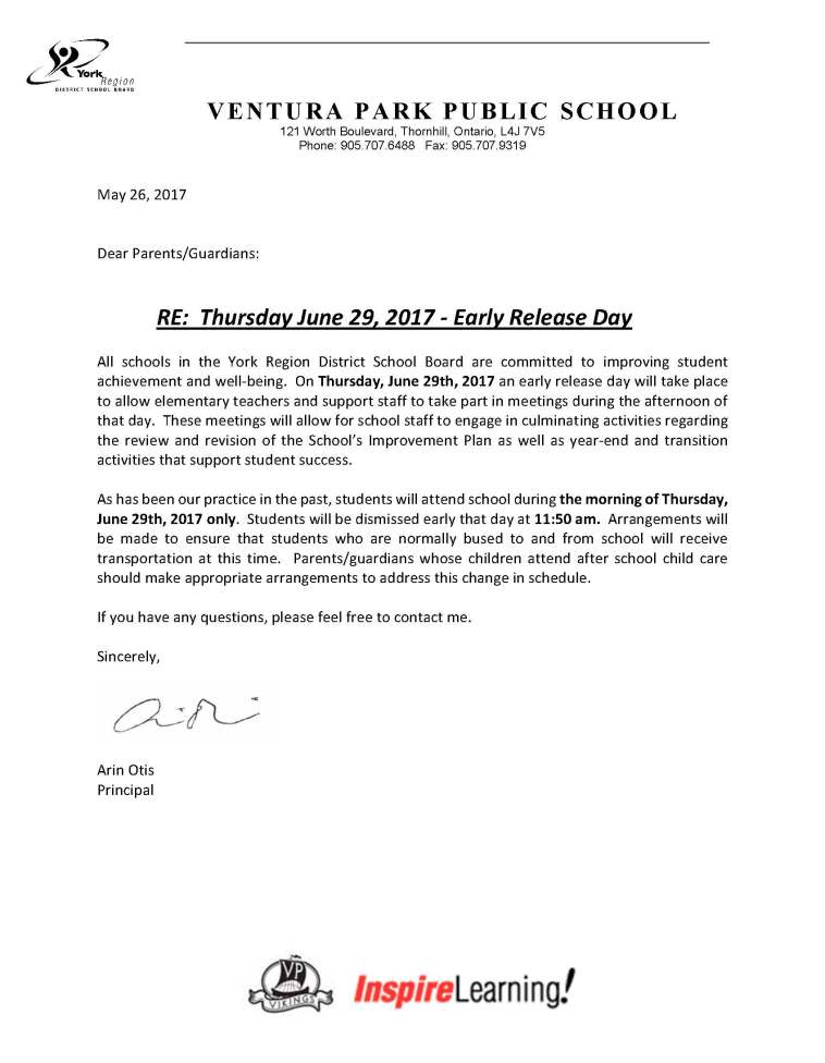 Letter to parents re June 29 early dismissal BLOG