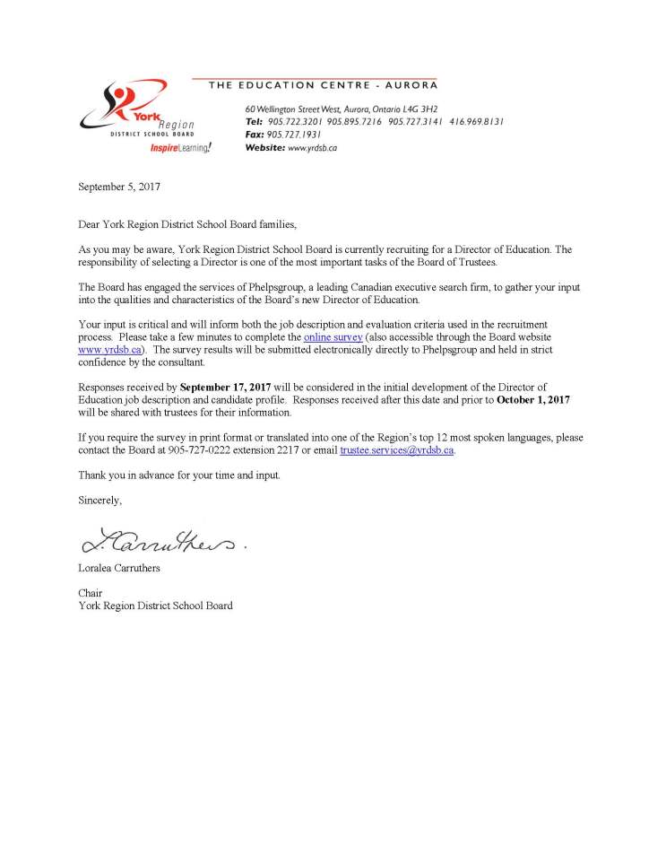 Letter to Families - Director of Education Selection