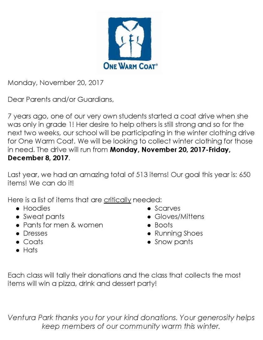 One Warm Coat Parent Letter