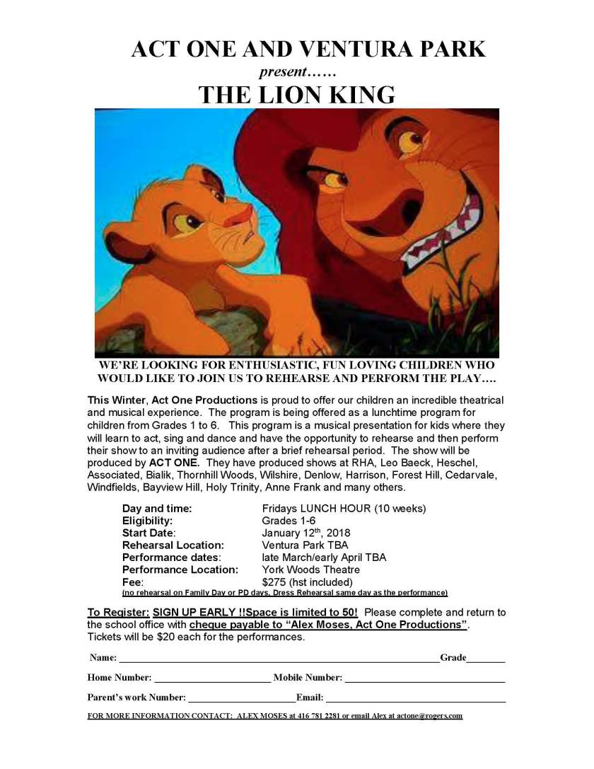ACTONEPRODUCTIONS-Ventura Park The Lion King draft registration flyerstration flyer 2018