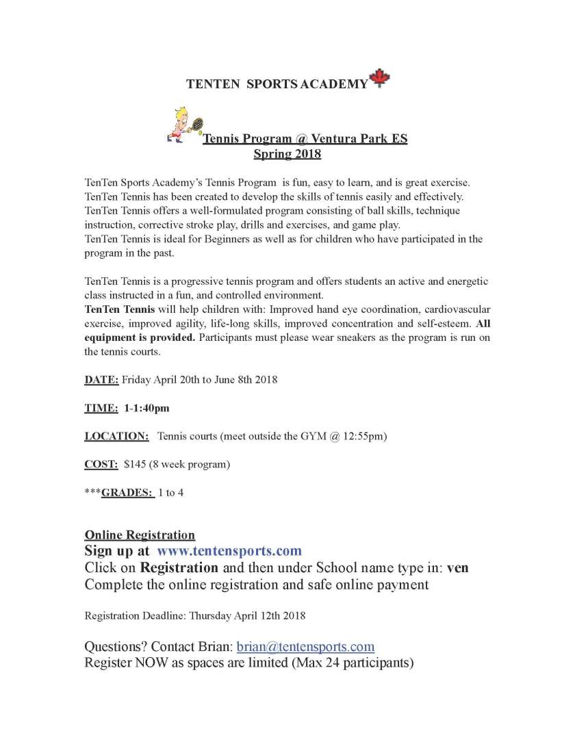 Ventura Spring 2018 Tennis Registration Flyer