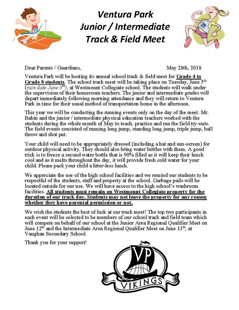 Track and Field Parent Letter May 28, 2018