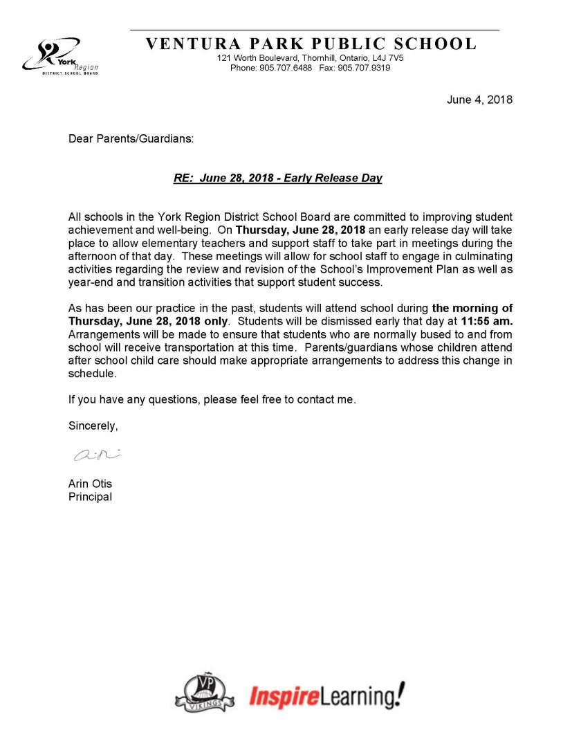 Early Dismissal June 28, 2018