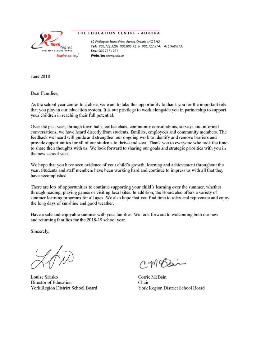 End of Year Letter to Families - Director and Chair - June 2018
