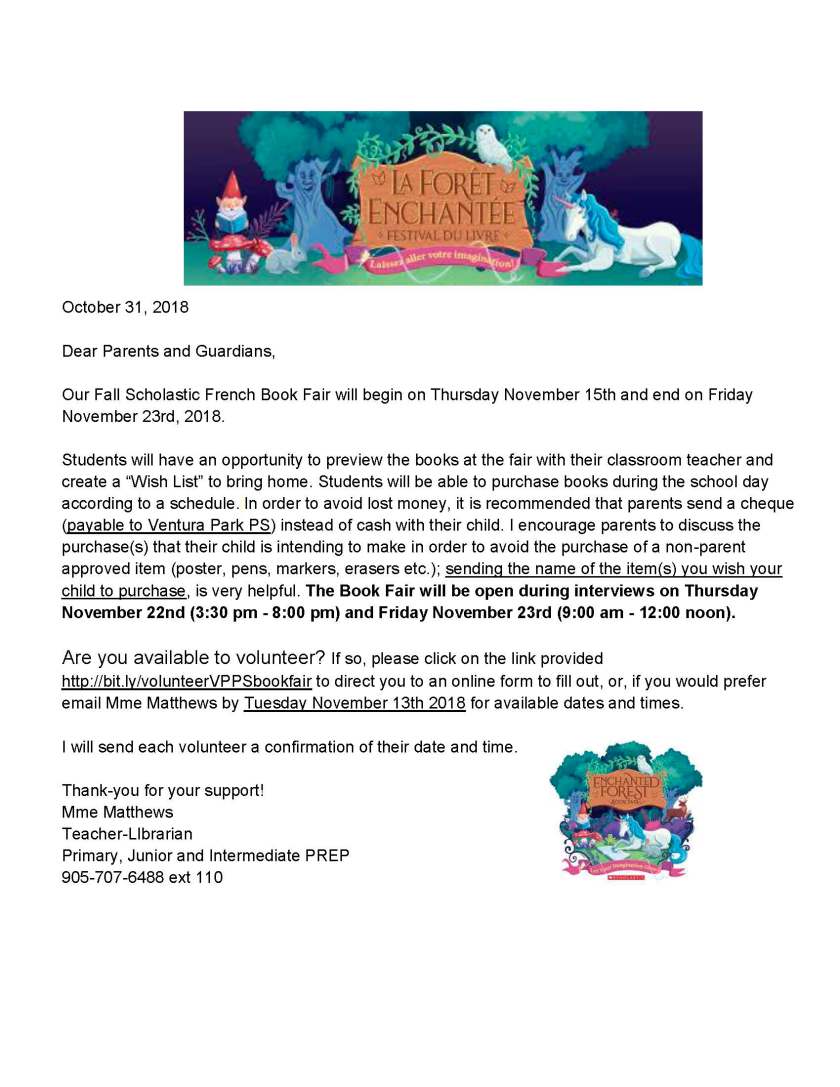 Fall 2018 Book Fair - Parent Info Letter and Volunteer Form