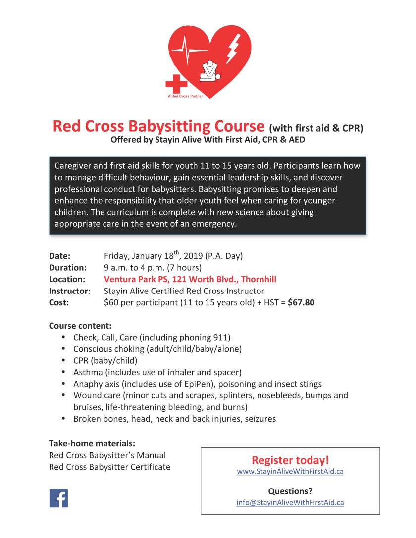 Ventura Park PS Red Cross Babysitting Course Flyer Jan18
