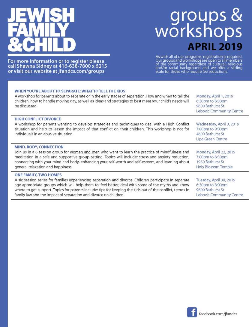 JF &amp; CS Groups and Workshops April 2019