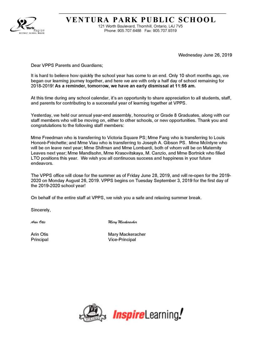 End of year letter to parents 2019